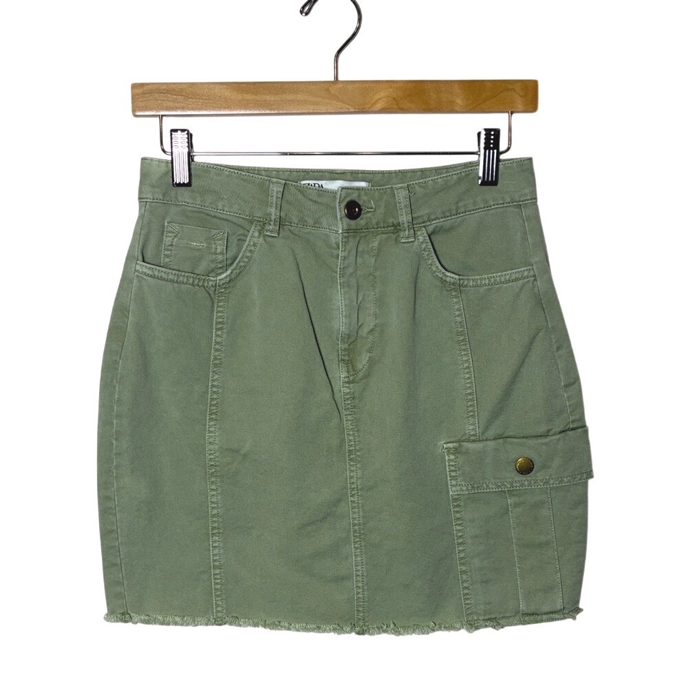ZARA Small Sage Green Cotton Denim Mini Skirt Raw Hem Cargo Frayed Festival